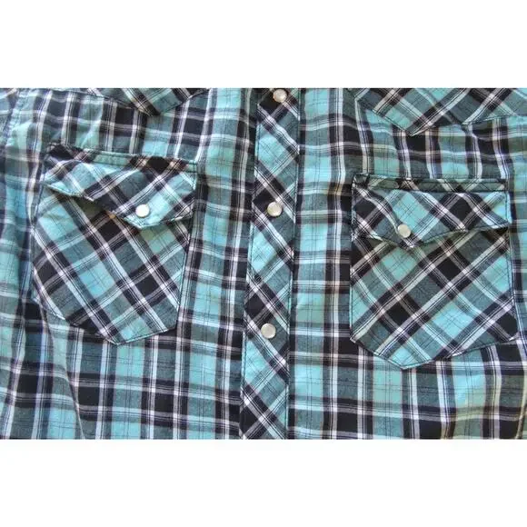 Wrangler Wrancher Western Pearl Snap Aqua/Black Plaid Short Sleeve Shirt Men's M - Picture 2 of 8
